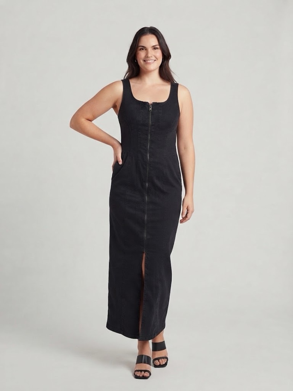 Universal Thread Black Zip-Front Tank Maxi Dress with Front Slit Corset style